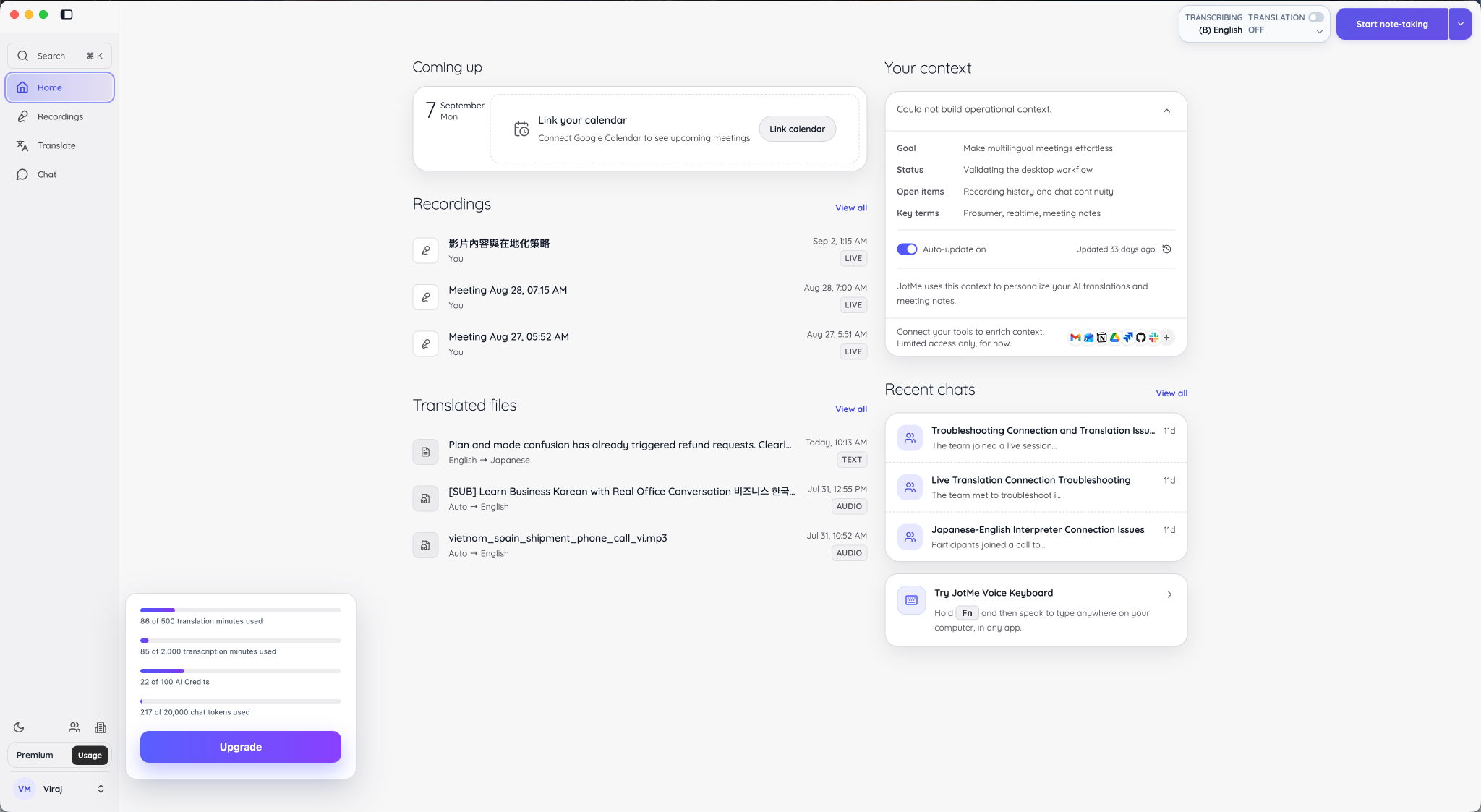 JotMe Desktop separate usage bars for translation minutes, transcription minutes, AI credits, and chat tokens.