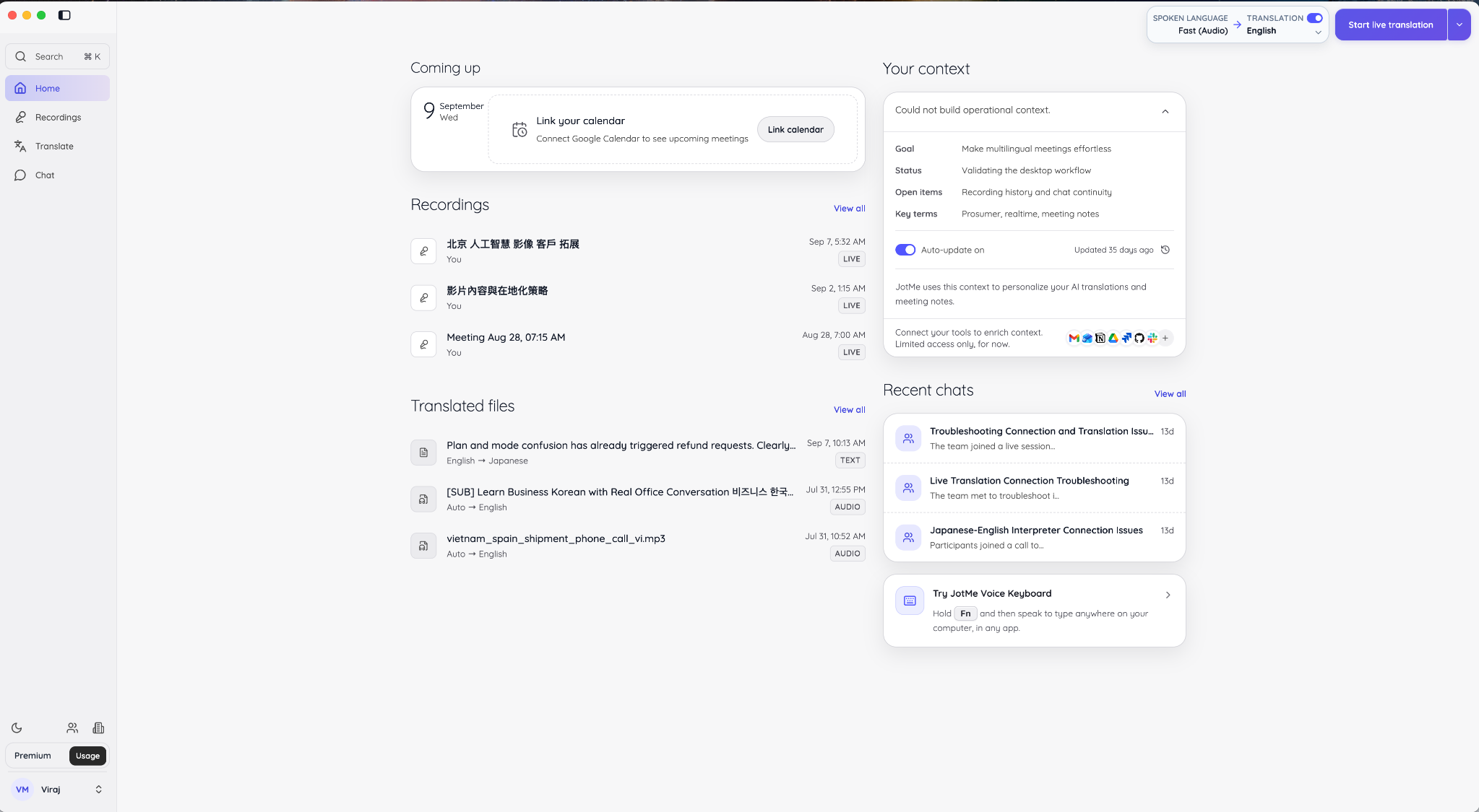 JotMe desktop dashboard