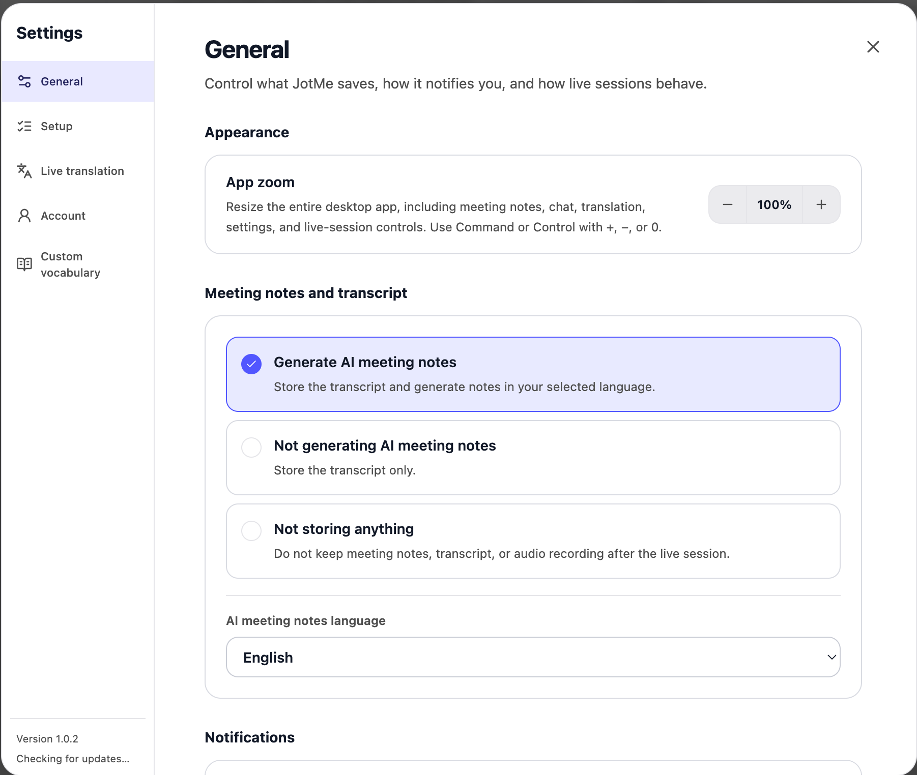 JotMe settings