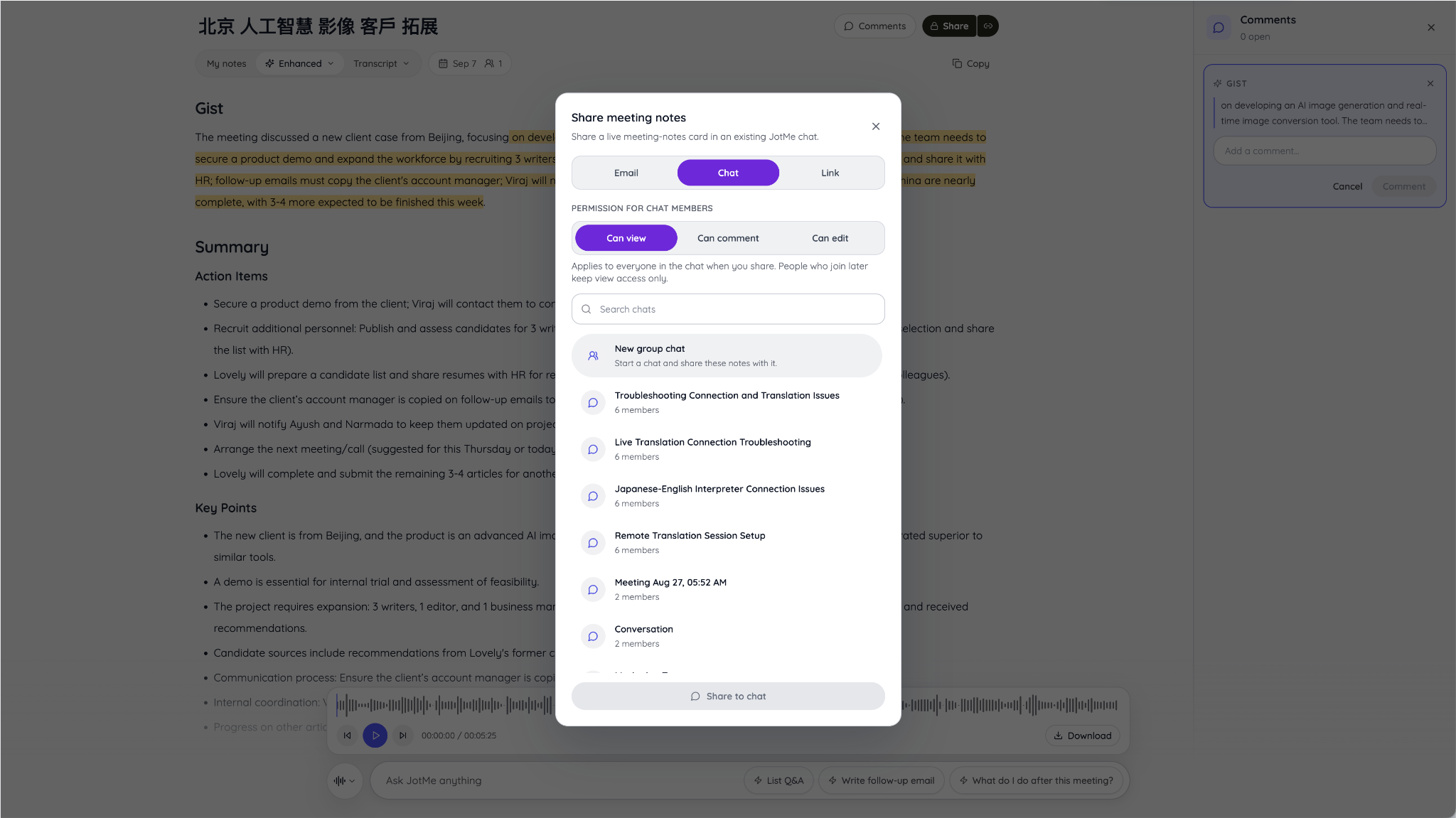 JotMe share dialog listing existing chats