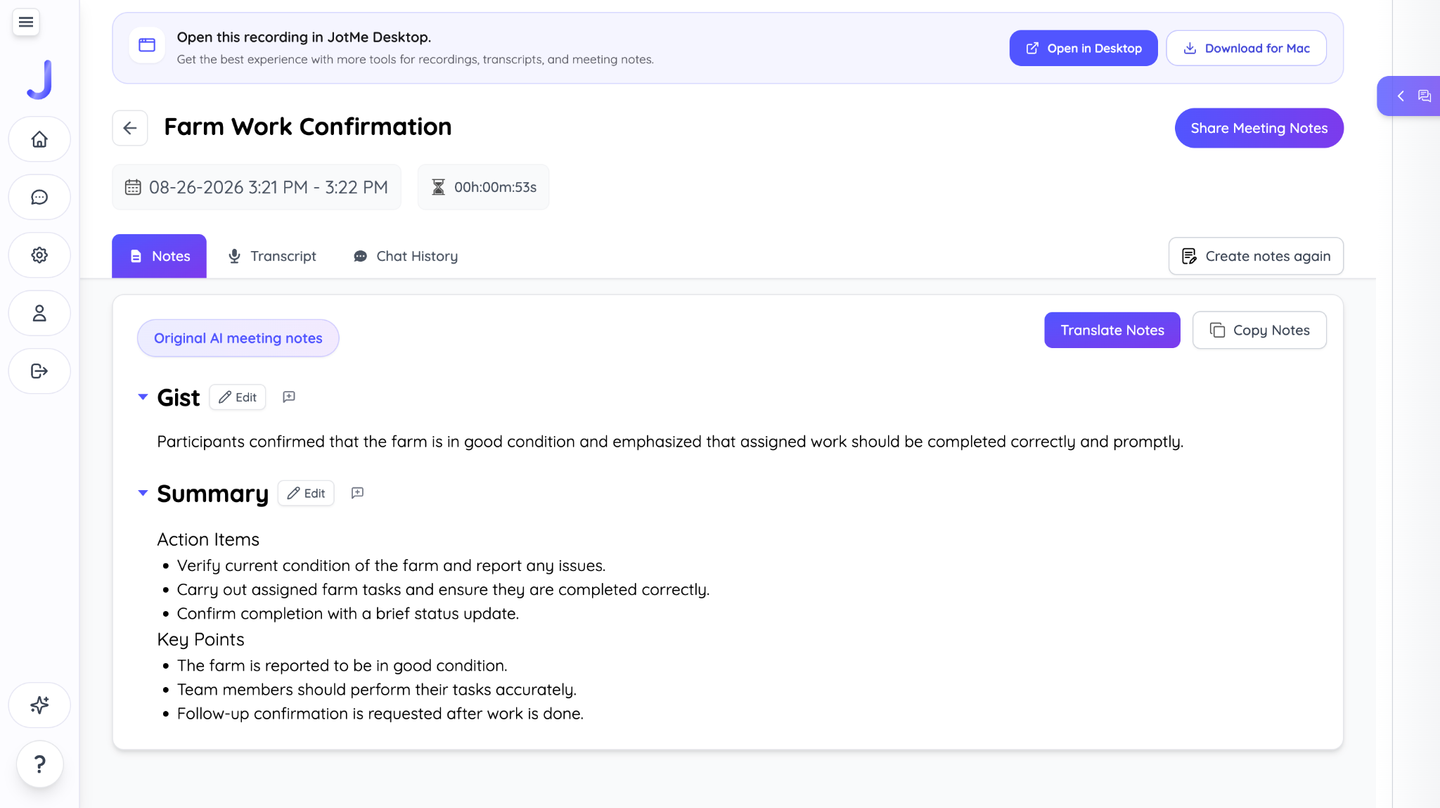 JotMe 生成的 AI 会议笔记,包含关键决定和待办事项