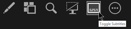 PowerPoint Presenter View toolbar with the Toggle Subtitles button highlighted