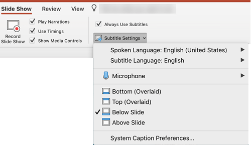 PowerPoint for Mac Subtitle Settings menu showing languages microphone and subtitle positions