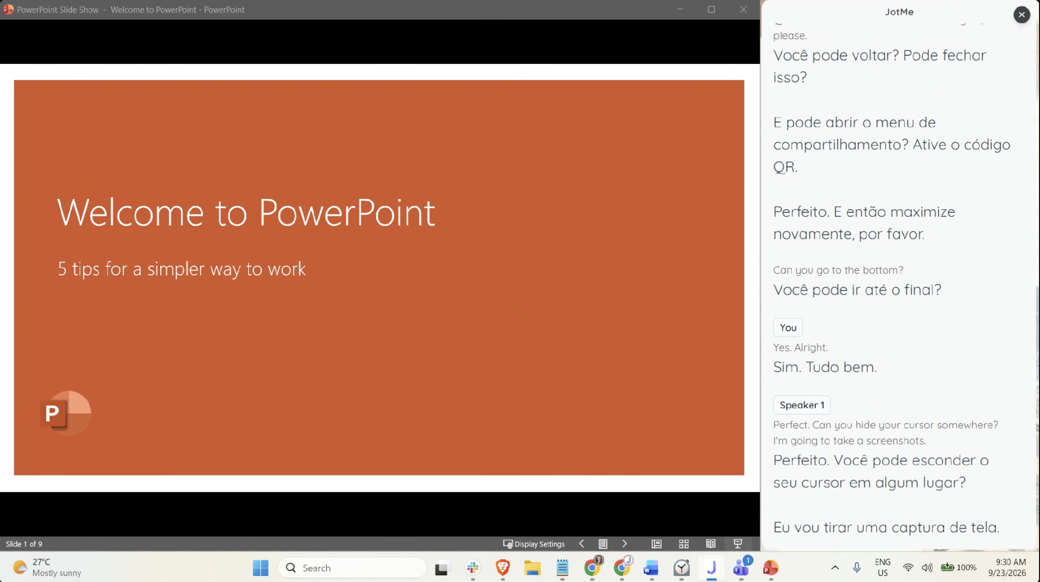 Windowed PowerPoint presentation beside a JotMe transcript showing English speech and Portuguese translation