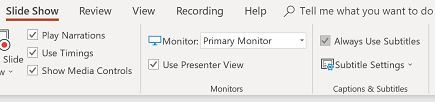 PowerPoint Slide Show ribbon with Always Use Subtitles selected and Subtitle Settings visible