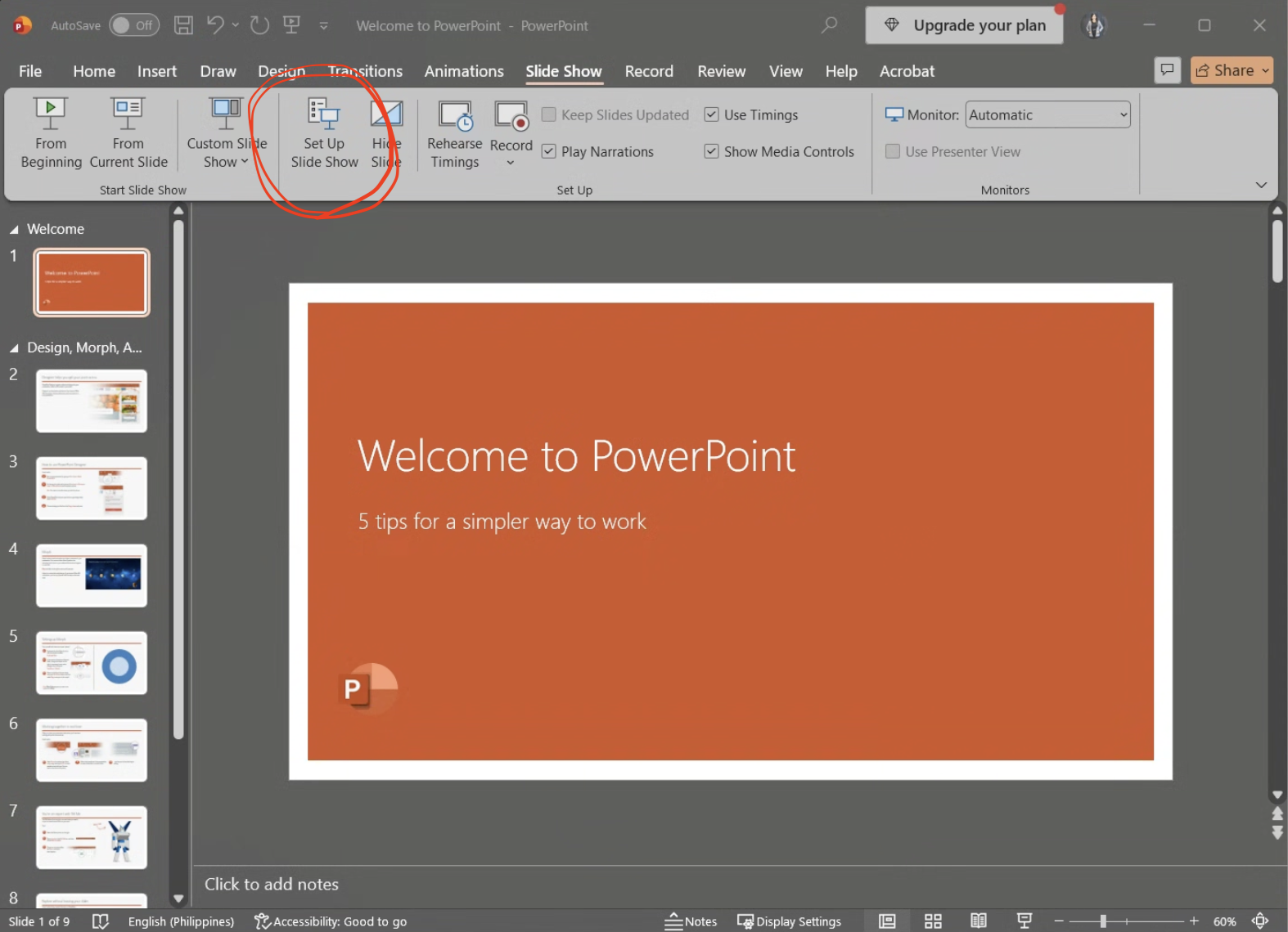 PowerPoint Slide Show tab with Set Up Slide Show circled in the ribbon