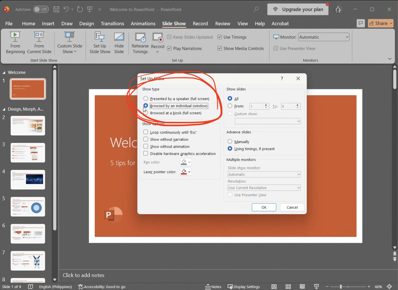 PowerPoint Set Up Show dialog with Browsed by an individual window selected