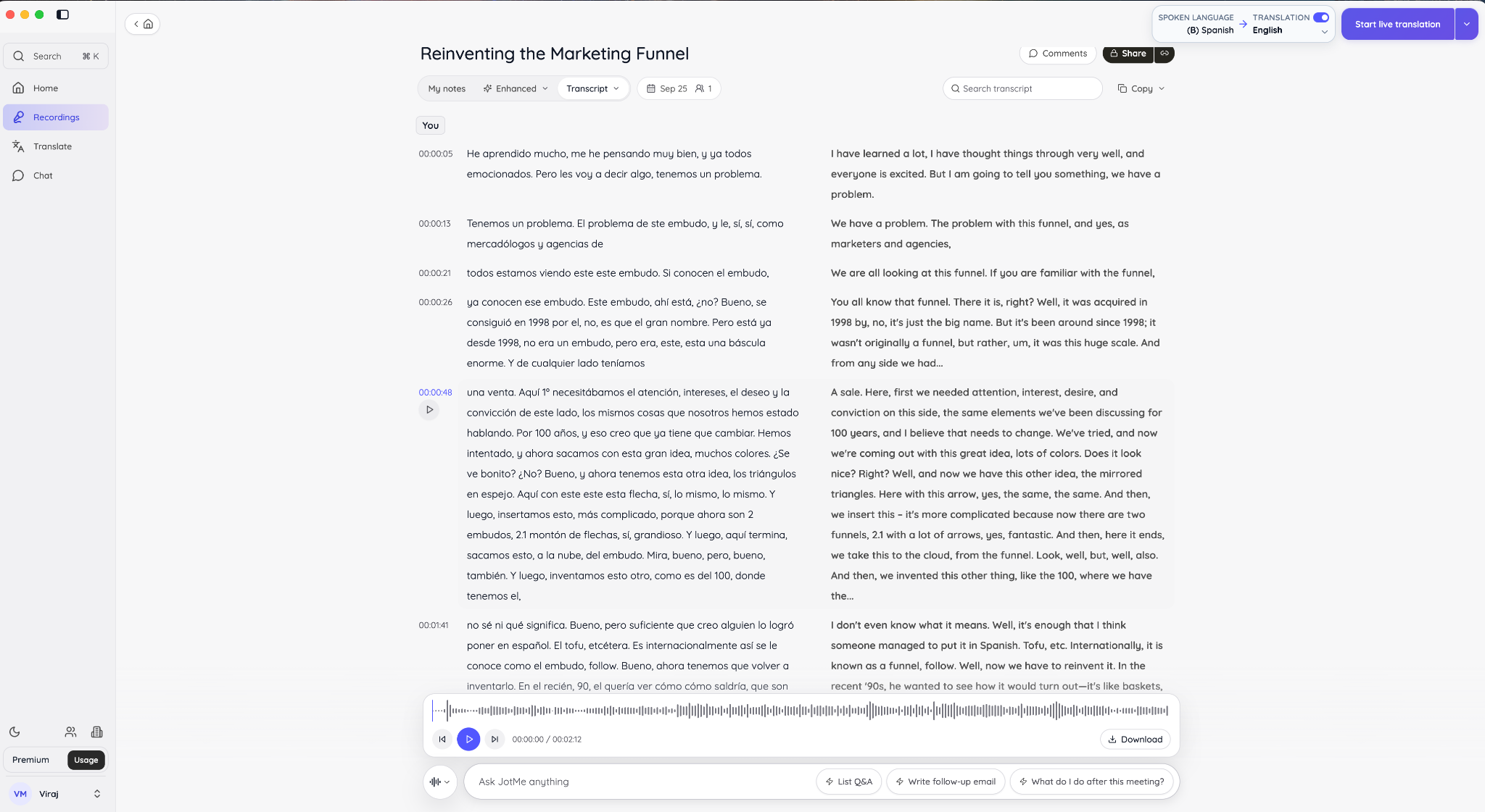 A saved JotMe session with timestamped Spanish transcription, English translation, and audio playback.