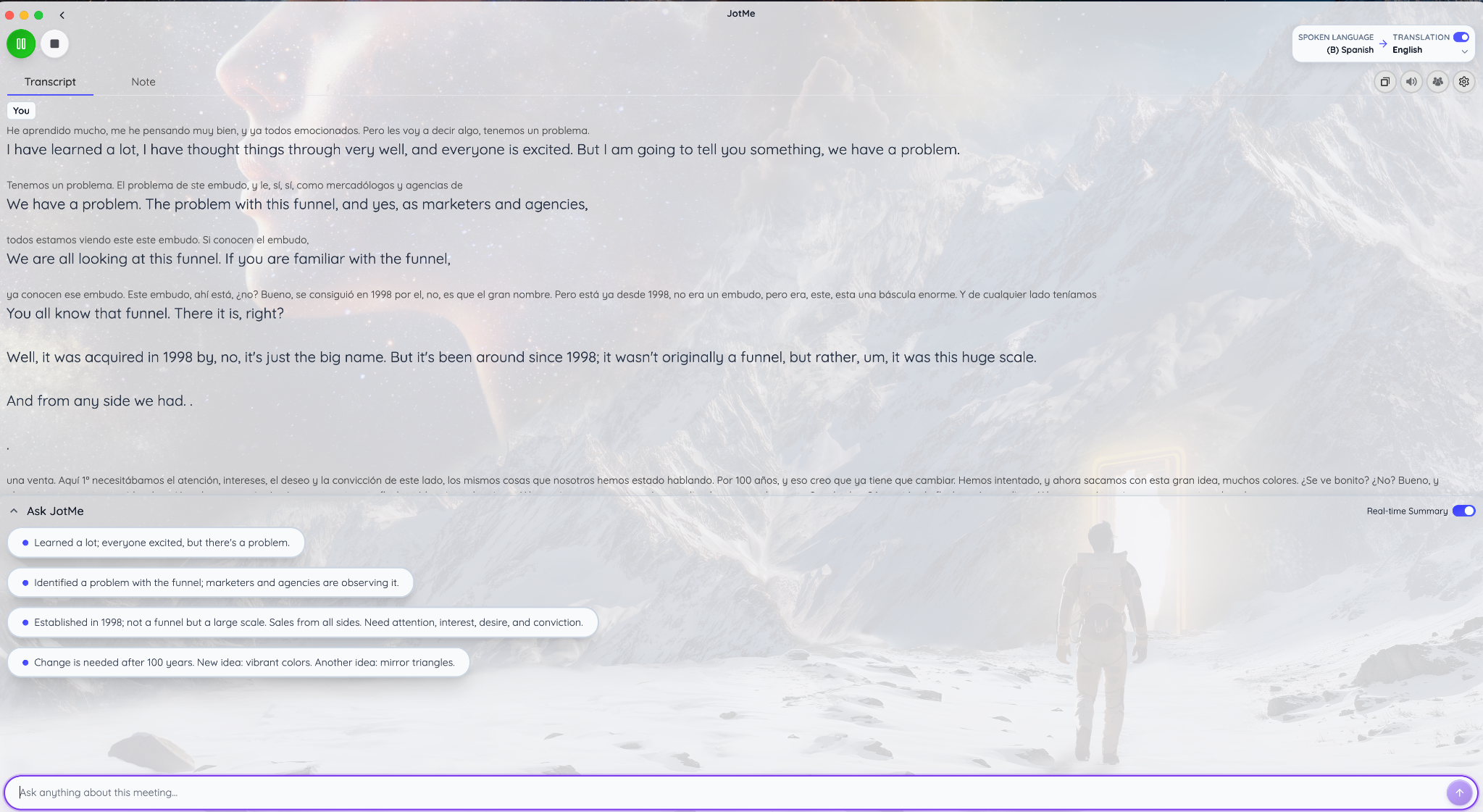 JotMe displaying Spanish speech with English translation during a marketing discussion.