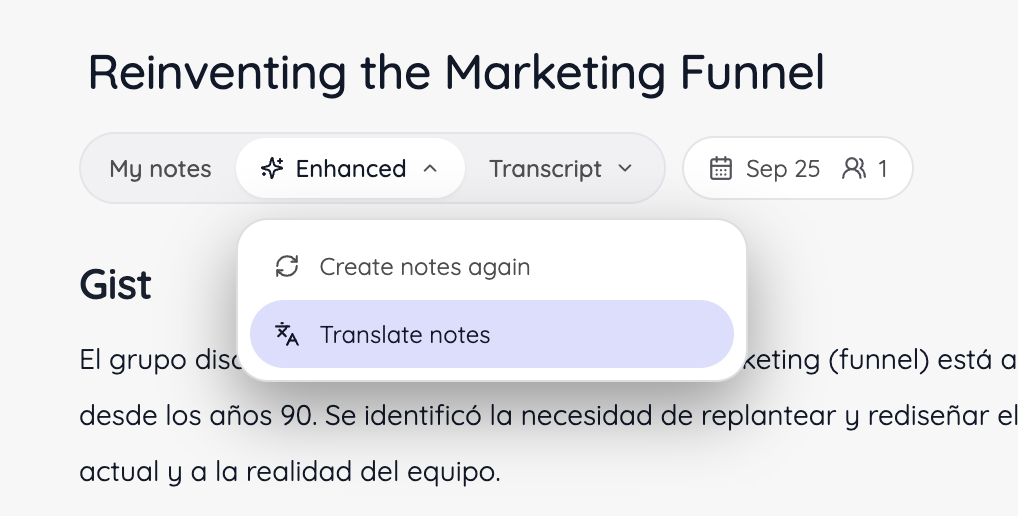 The Enhanced menu in JotMe showing the Translate notes option.