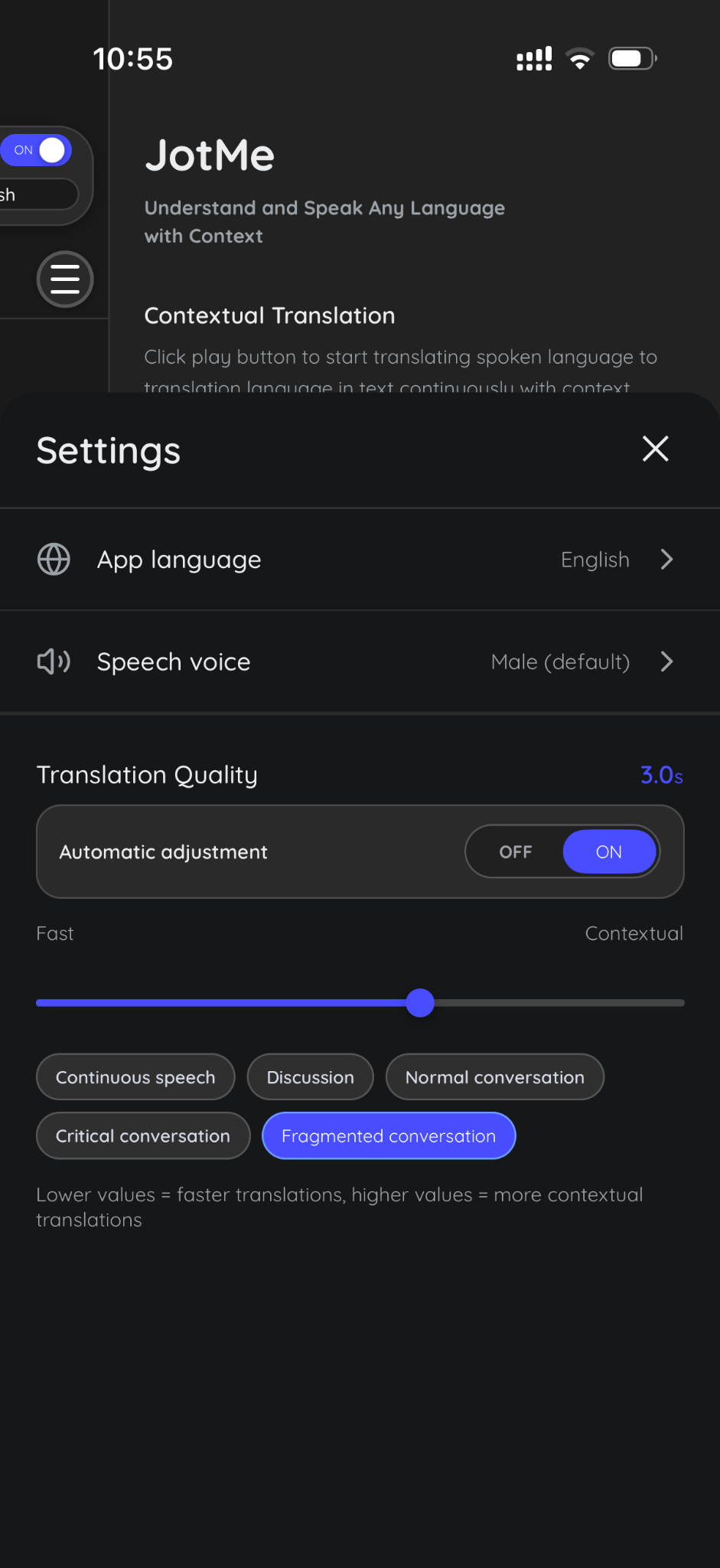 JotMe mobile Translation Quality settings with automatic adjustment and conversation presets.