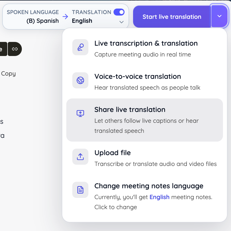 JotMe's start menu showing Share live translation alongside transcription and voice translation.