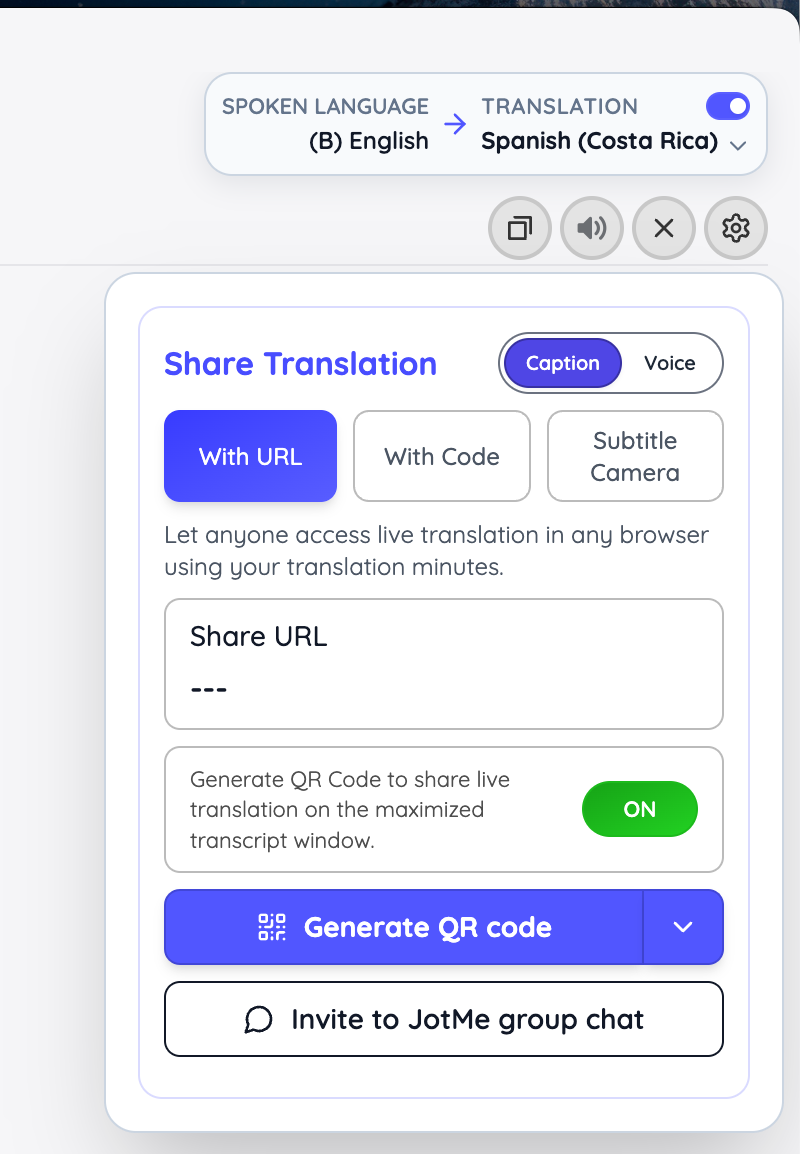 share the url or qr code for live translation
