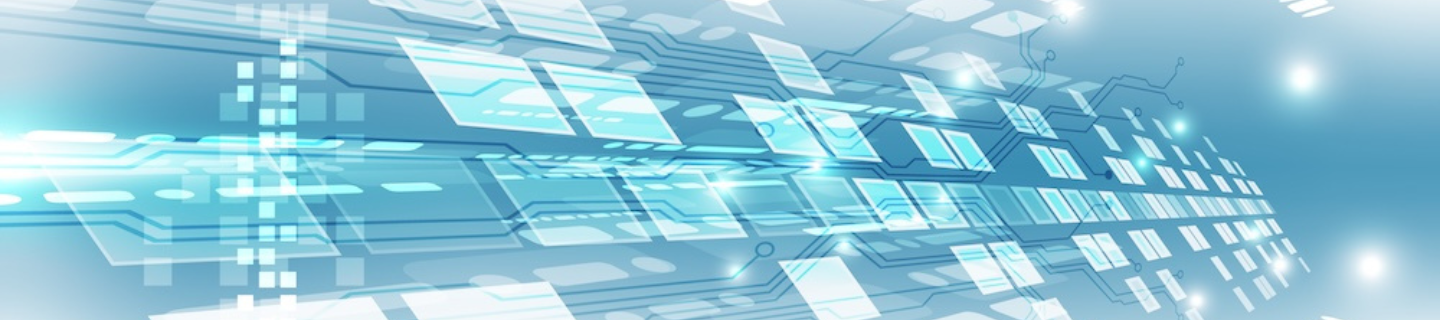 Abstract blue digital technology background with glowing circuit lines and floating squares.