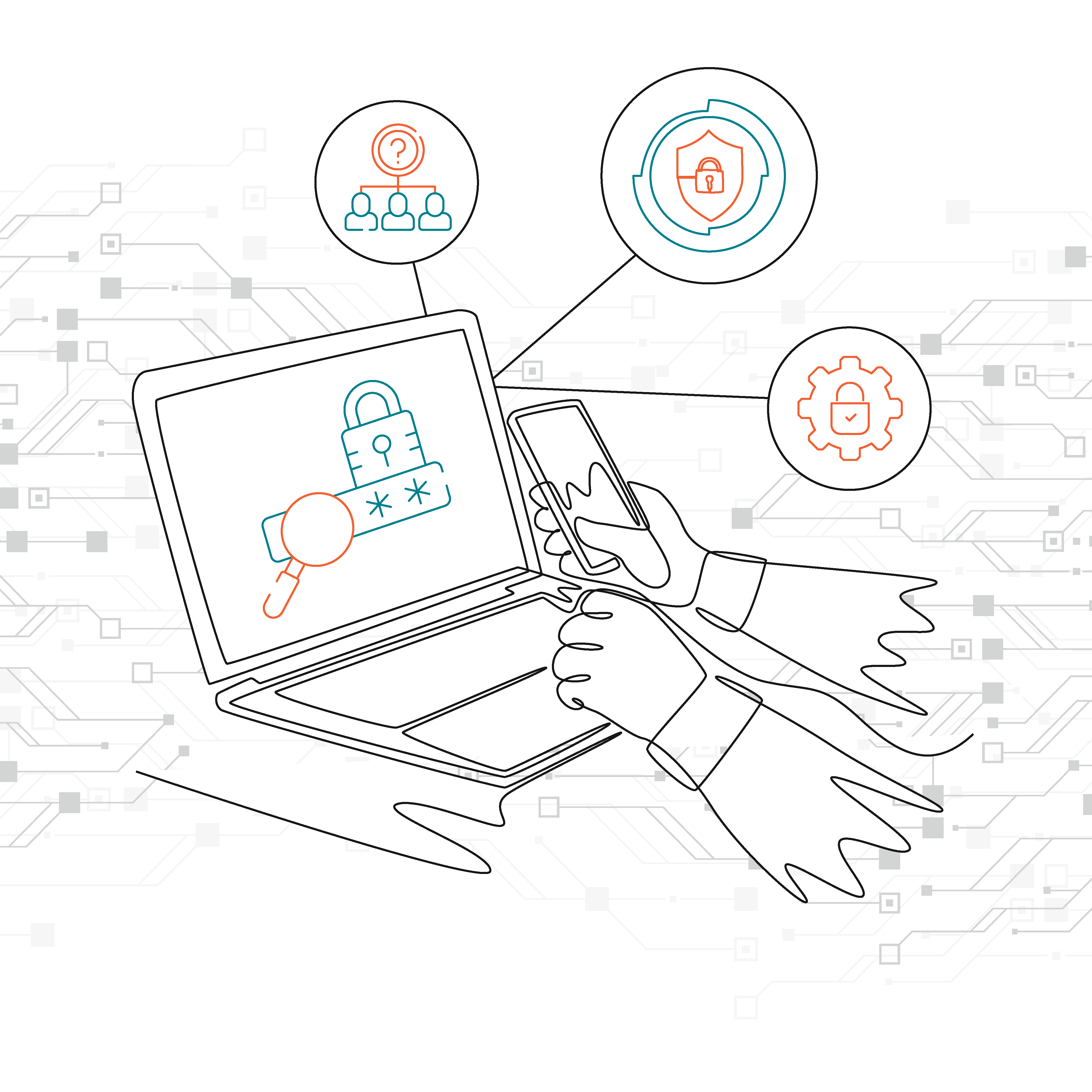 Hands holding a phone by a laptop showing a password lock with connected security and user icons.