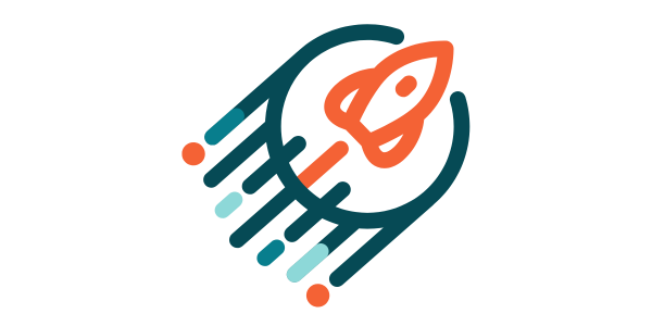 Orange rocket icon launching upward with blue speed lines and dots around a circle.