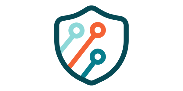 Shield outline with three diagonal lines ending in circles, symbolizing digital security.