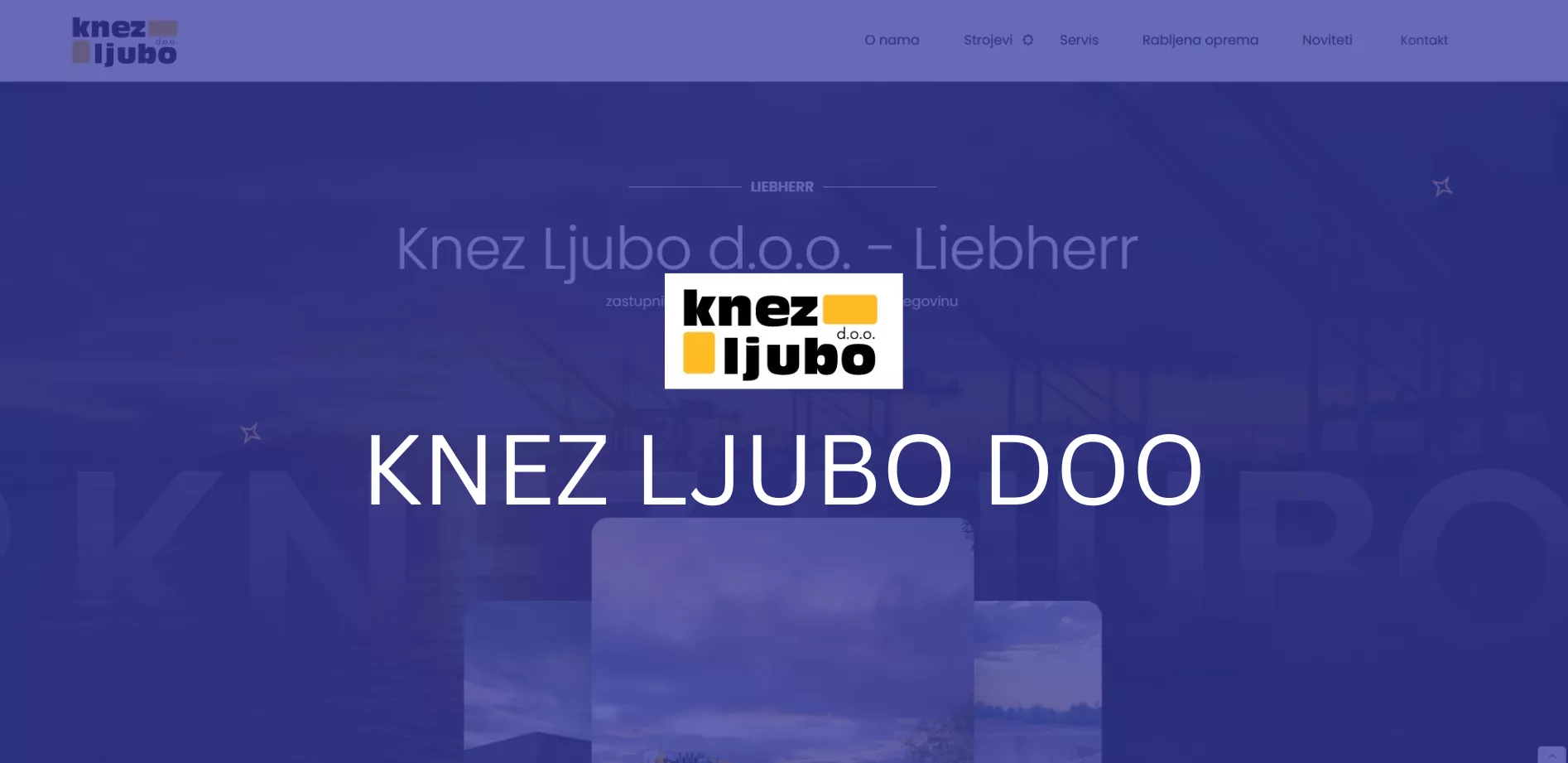 Knez Ljubo logo with yellow squares above large text KNEZ LJUBO DOO on a blue industrial background.