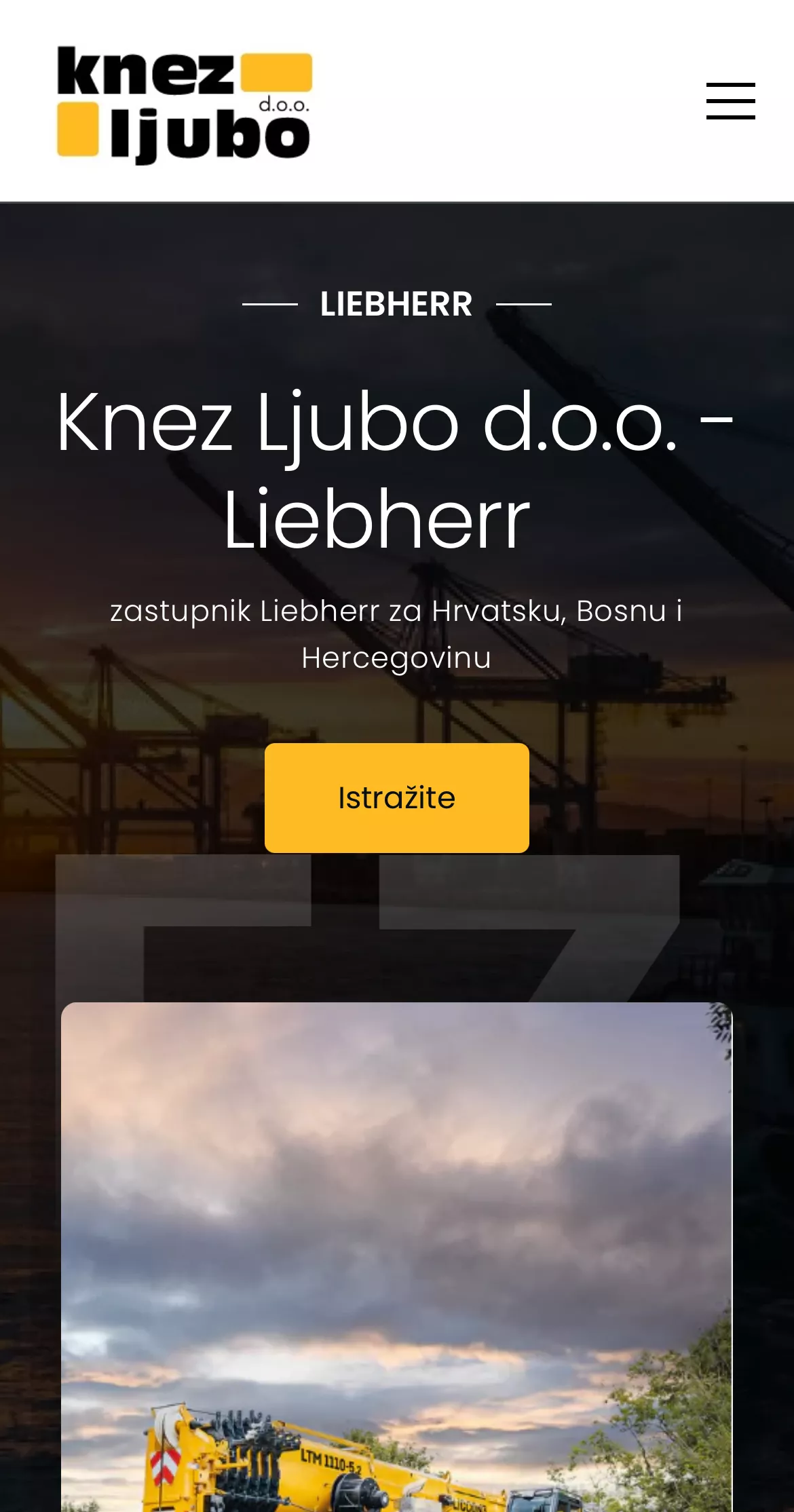 Website header of Knez Ljubo d.o.o., Liebherr representative for Croatia, Bosnia, and Herzegovina, with a sunset background of industrial cranes.