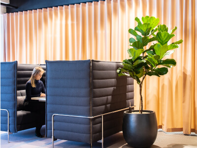 Bilde av to jenter med jobbantrekk som jobber på et av Evolves møterom.