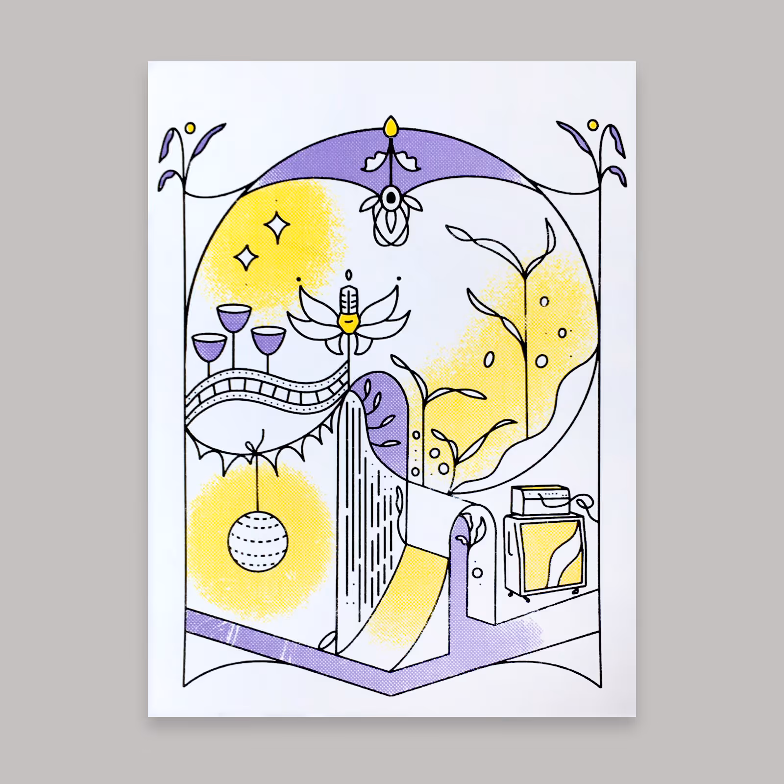 Poster mit weiss, lila und gelbem Print