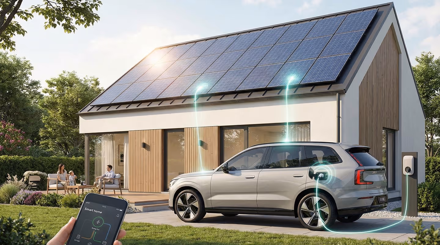 Een auto die bidirectioneel aan het laden is vanaf de zonnepanelen van een huis.