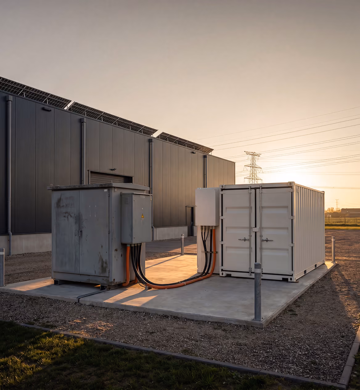 Witte batterijcontainer naast een grijze transformatorkast met oranje en zwarte stroomkabels, geplaatst bij een bedrijfspand met zonnepanelen op het dak.