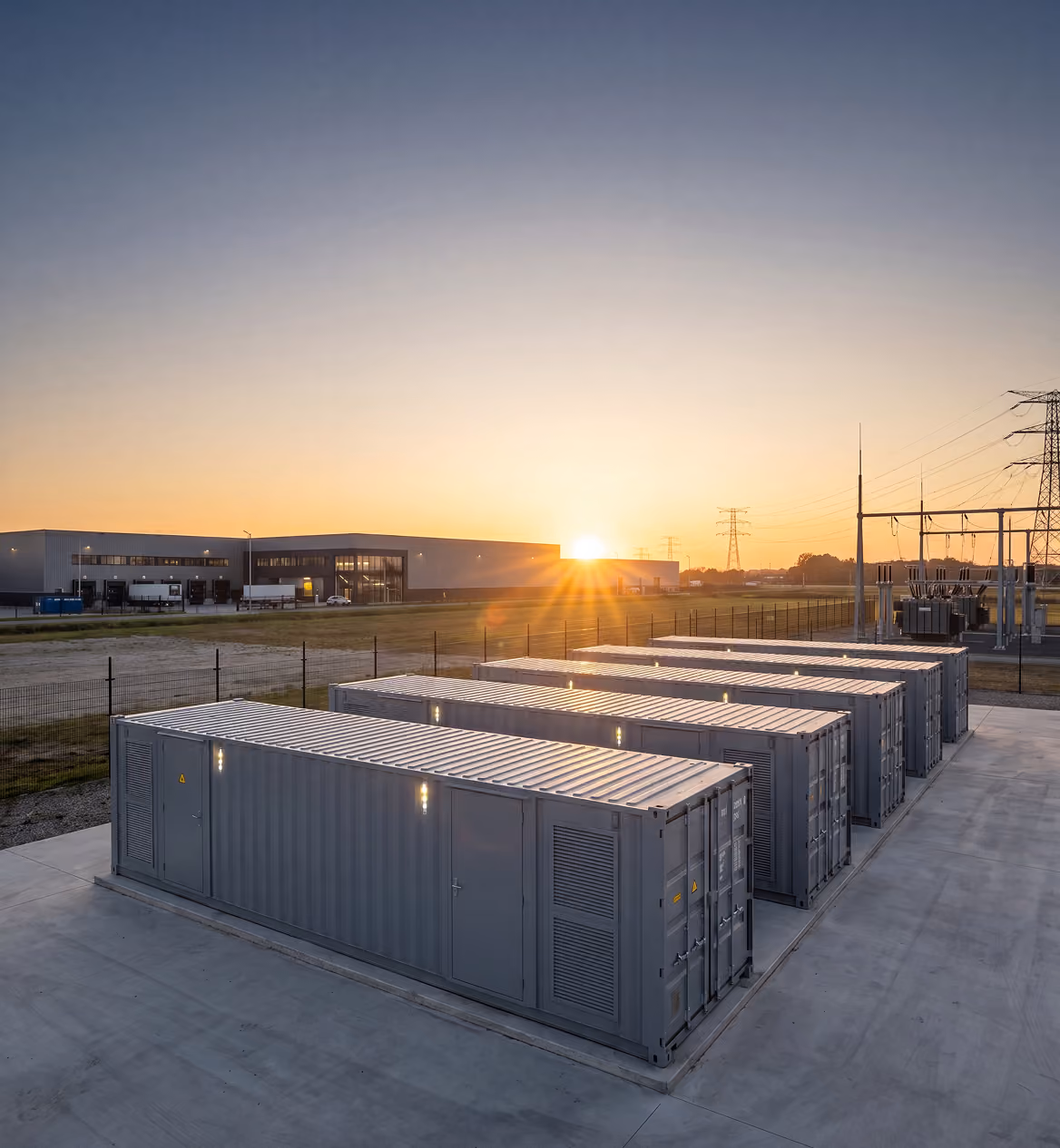 Rij grijze batterijcontainers voor energieopslag op een bedrijfsterrein bij zonsondergang, met op de achtergrond een transformatorstation en hoogspanningsmasten.