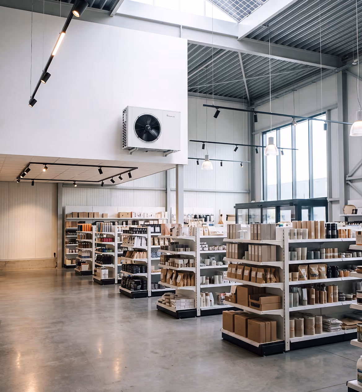 Witte warmtepompheater hoog aan de muur in een lichte, moderne winkelruimte met productschappen
