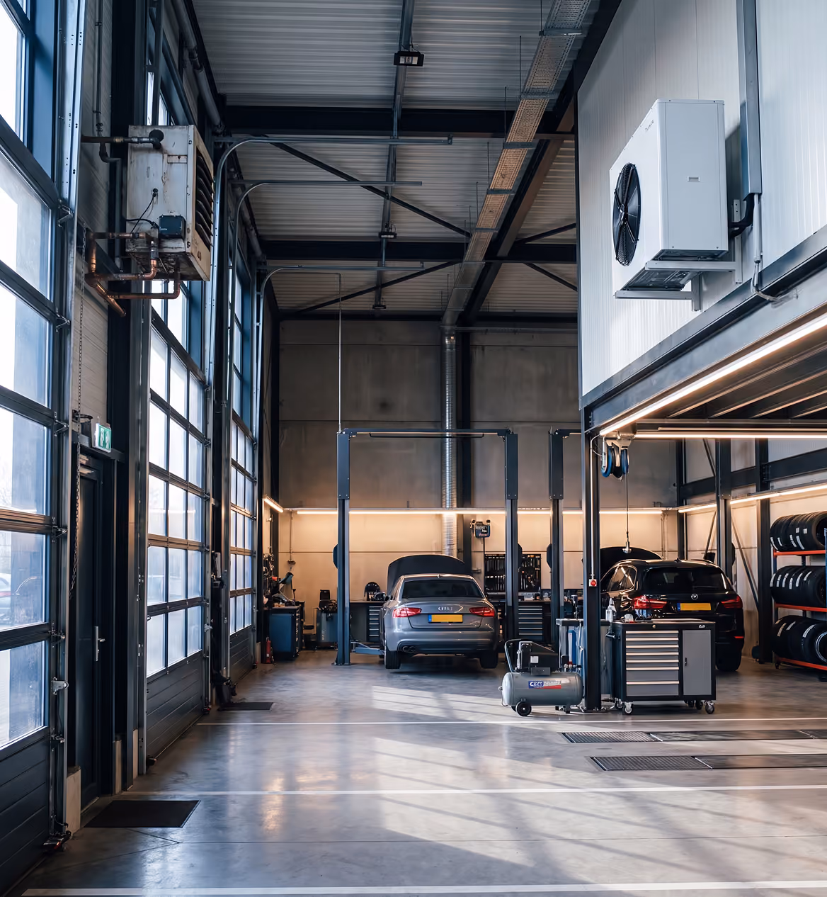 Nieuwe warmtepompheater tegenover een oude gasheater in een autowerkplaats met voertuigen op hefbruggen