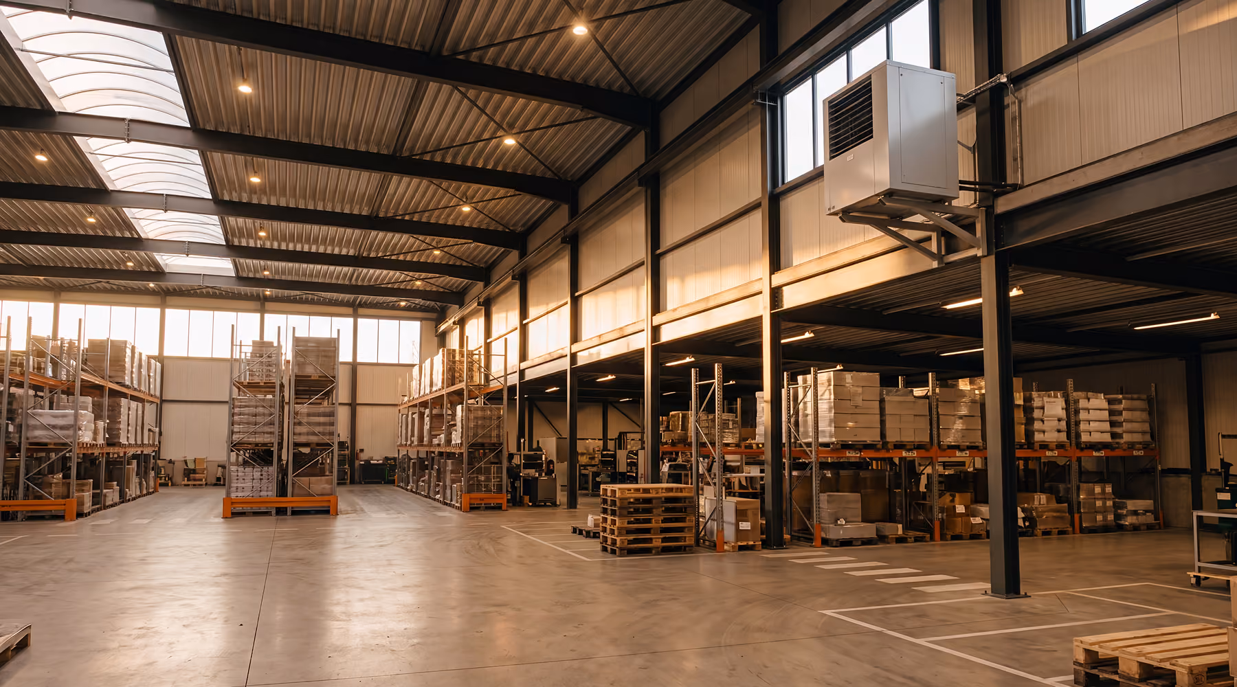 Ruime magazijnhal met een grijze warmtepompheater aan de wand, opslagstellingen met pallets en een lichtstraat in het dak