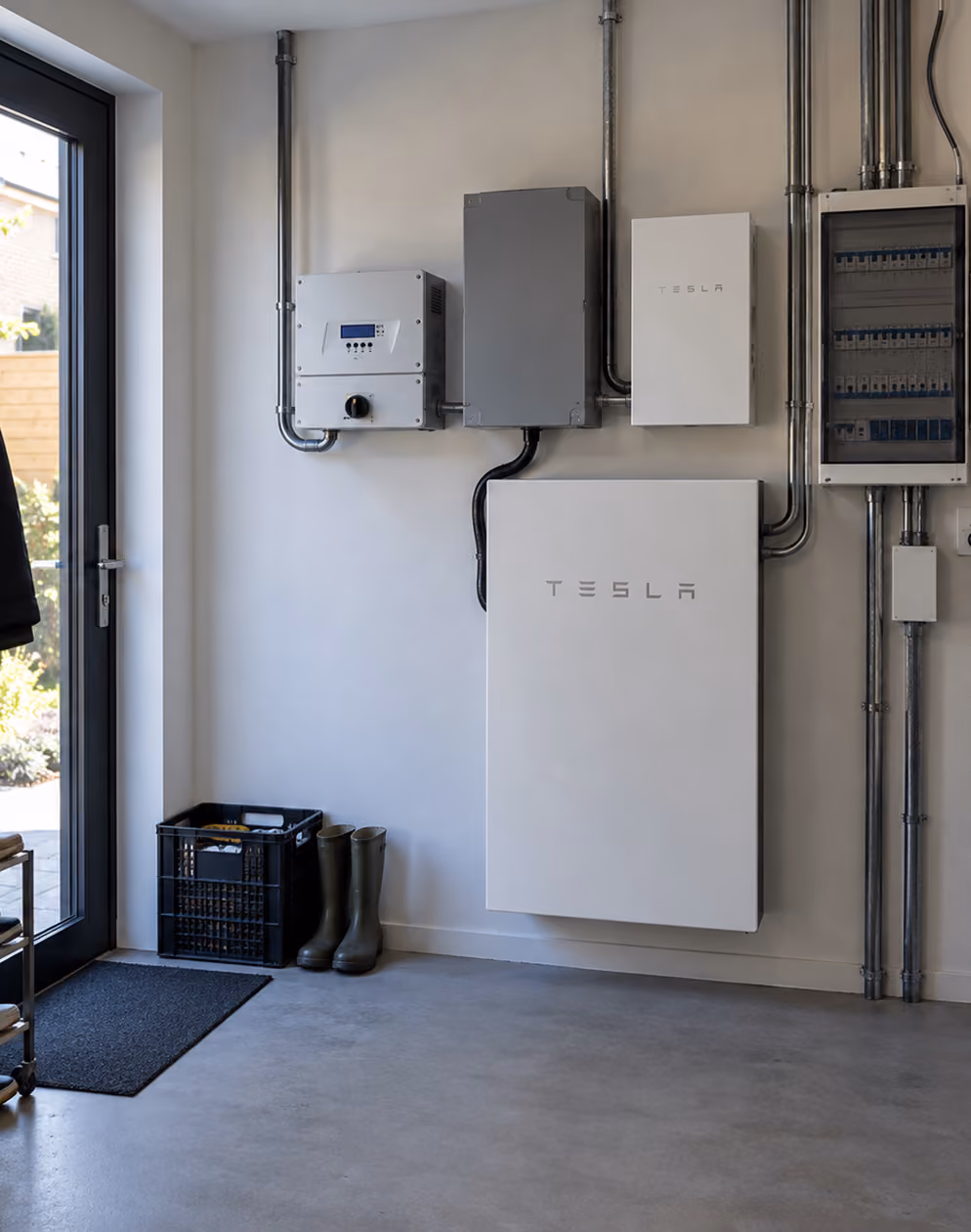 Tesla Powerwall thuisbatterij aangesloten op de groepenkast in een technische ruimte