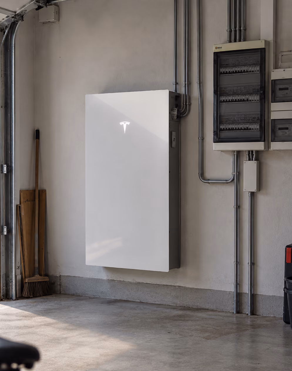 Tesla Powerwall 3 thuisbatterij met groepenkast en elektrische installatie in een garage