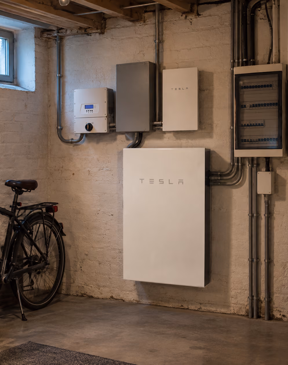Tesla Powerwall thuisbatterij met groepenkast en bekabeling in een kelderruimte
