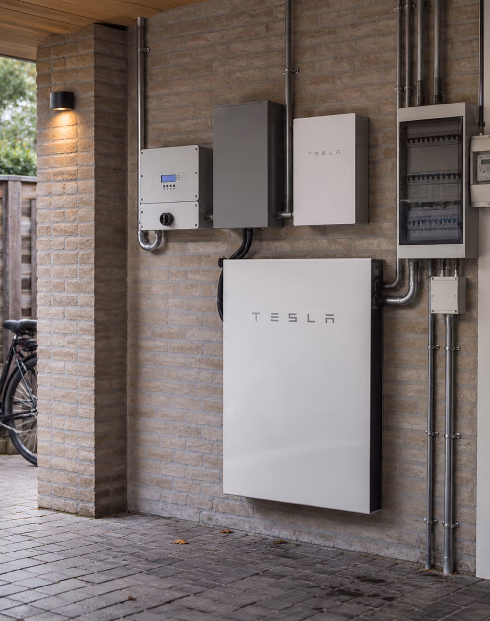 Tesla Powerwall thuisbatterij geïnstalleerd aan een bakstenen buitenmuur van een woning