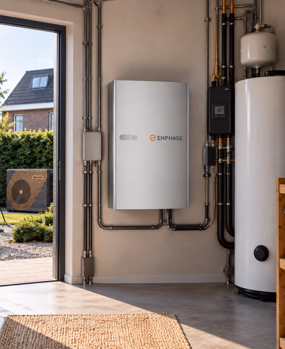 Enphase IQ Battery 5P thuisbatterij aangesloten in een technische ruimte met warmtepompinstallatie