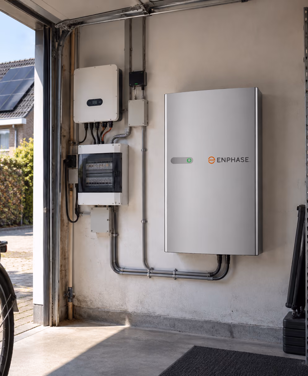 Enphase IQ Battery 5P met zonnepanelen, omvormer en groepenkast in een garage