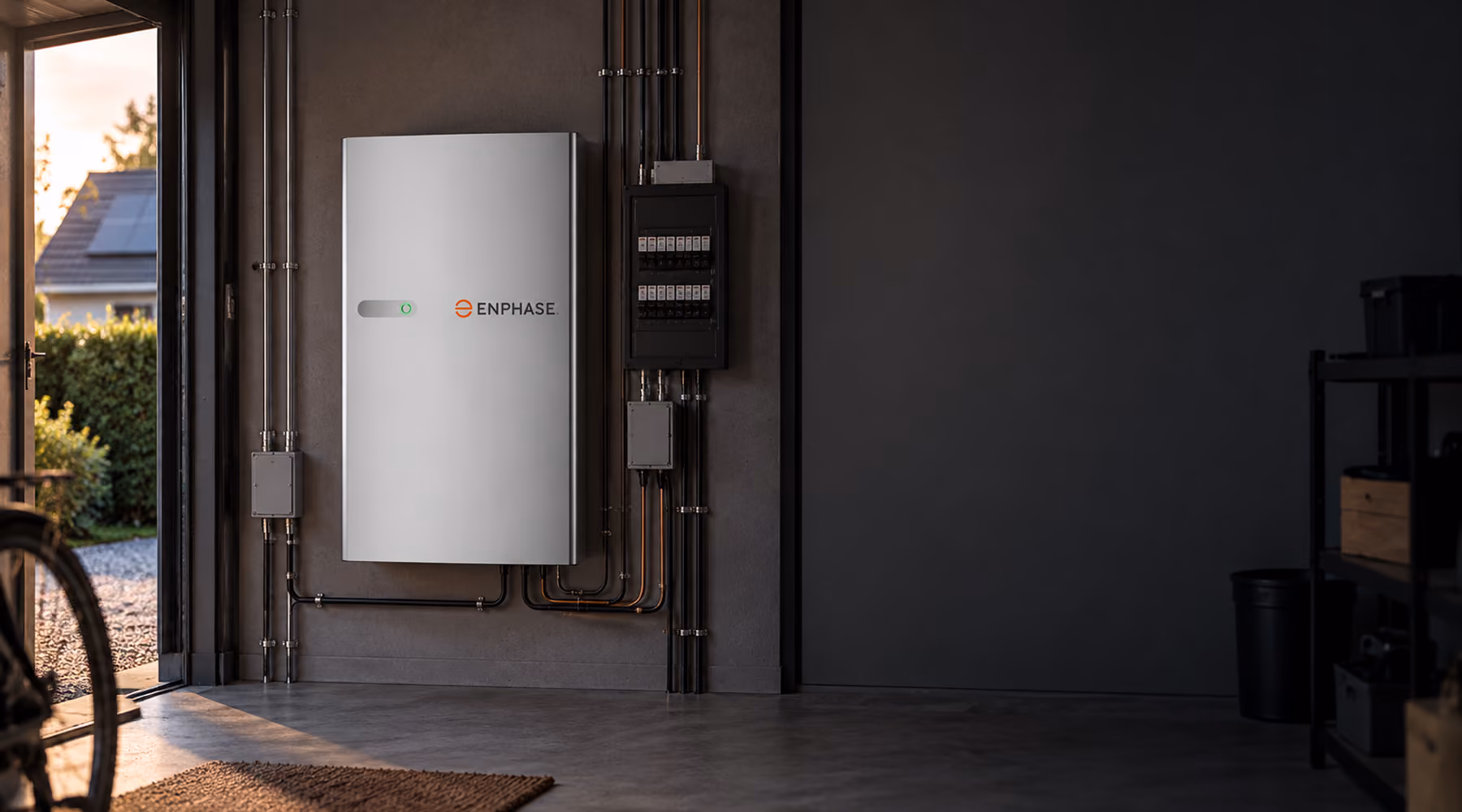 Enphase IQ Battery 5P thuisbatterij met groepenkast in een moderne garage