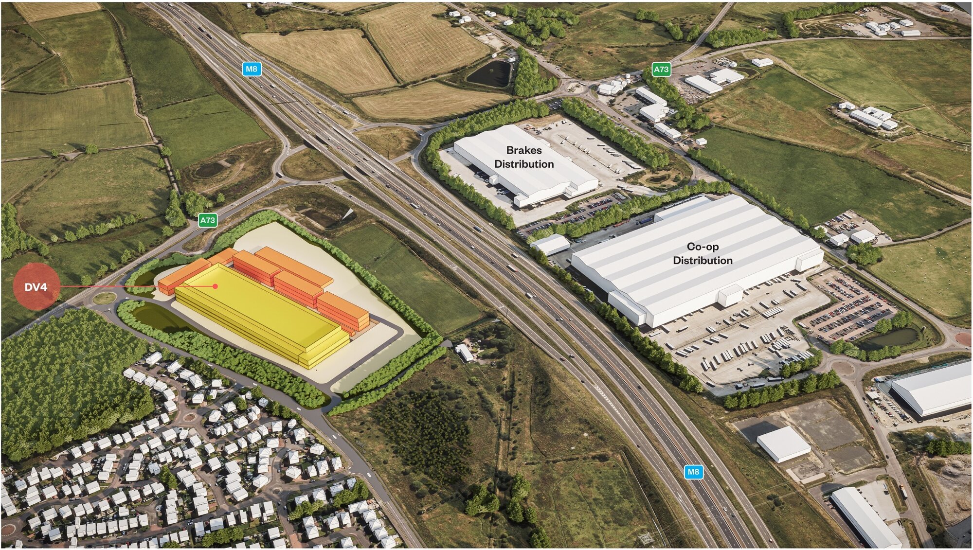 Datavita | Aerial visualisation of the proposed DV4 data centre at Chapelhall, shown in yellow beside the M8 and A73, with the Brakes and Co-op distribution centres opposite.