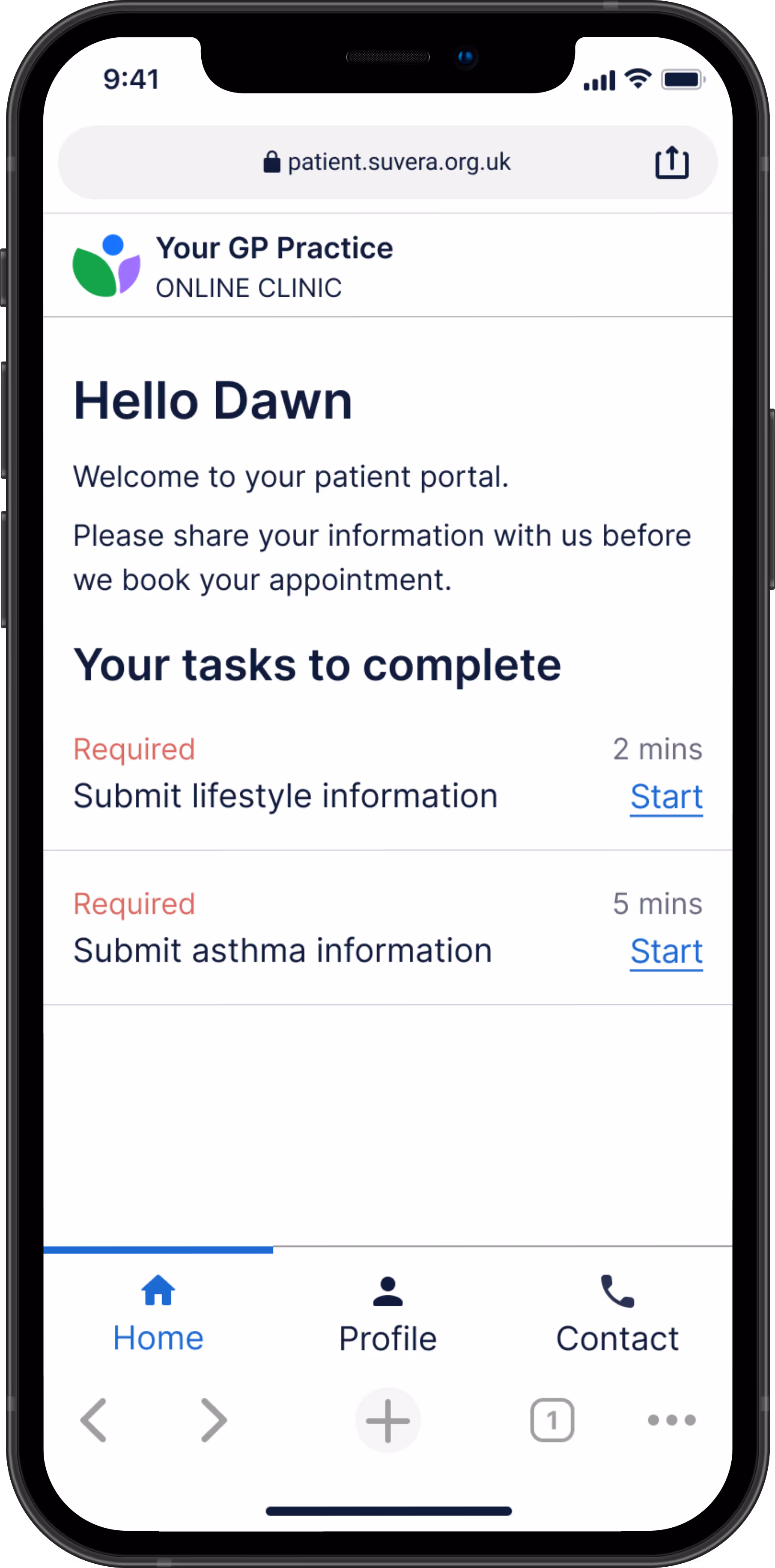Phone screen with the homepage of the Suvera web app