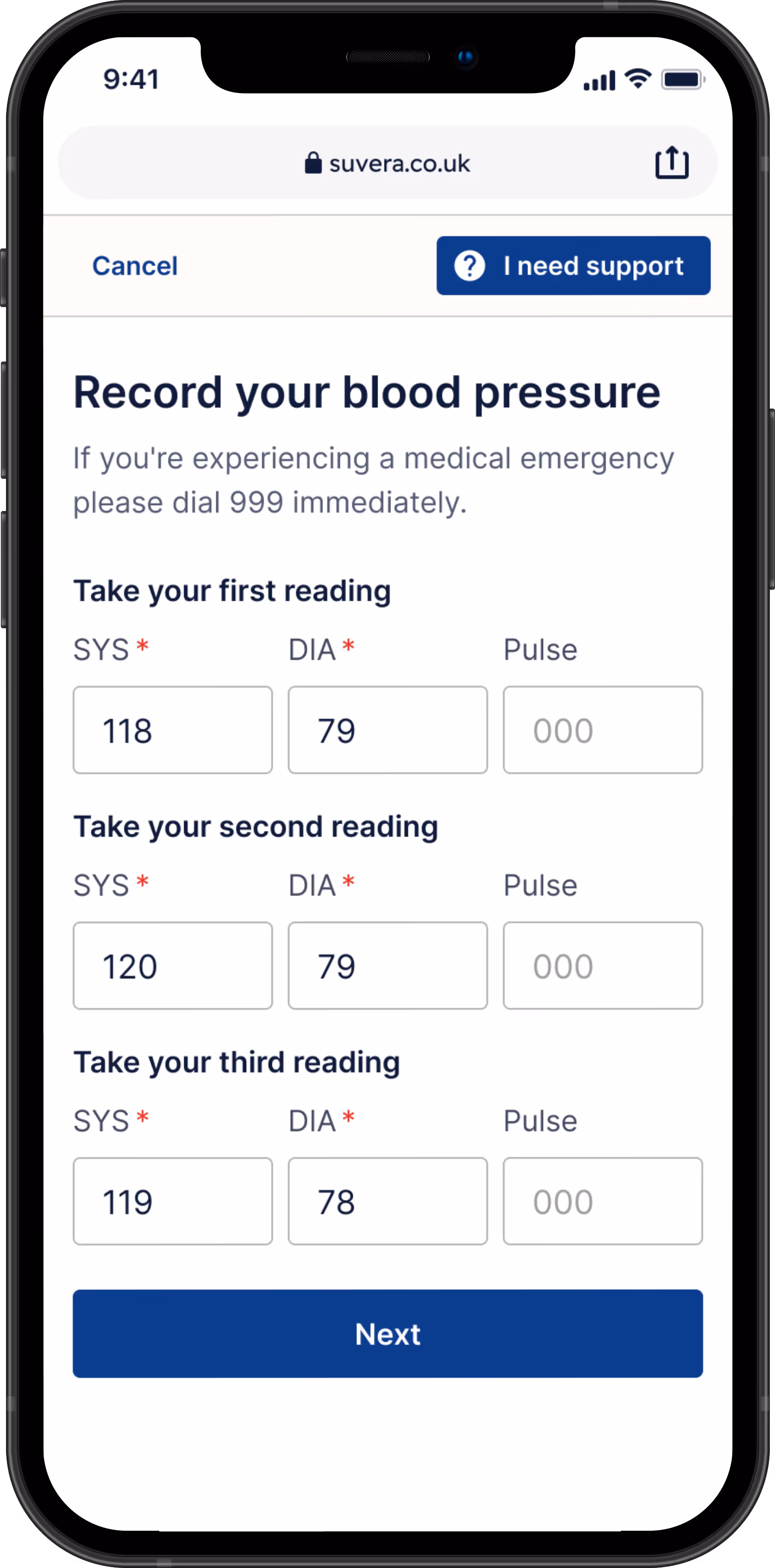Phone screen with the blood pressure recording page on the Suvera web app