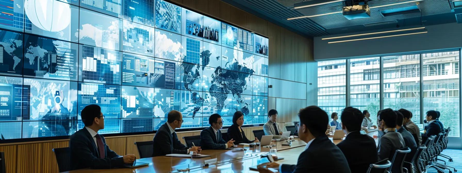 a modern conference room filled with diverse professionals engaged in a discussion around a large digital display showcasing translated engineering documents, highlighting the importance of clear communication in international project success.