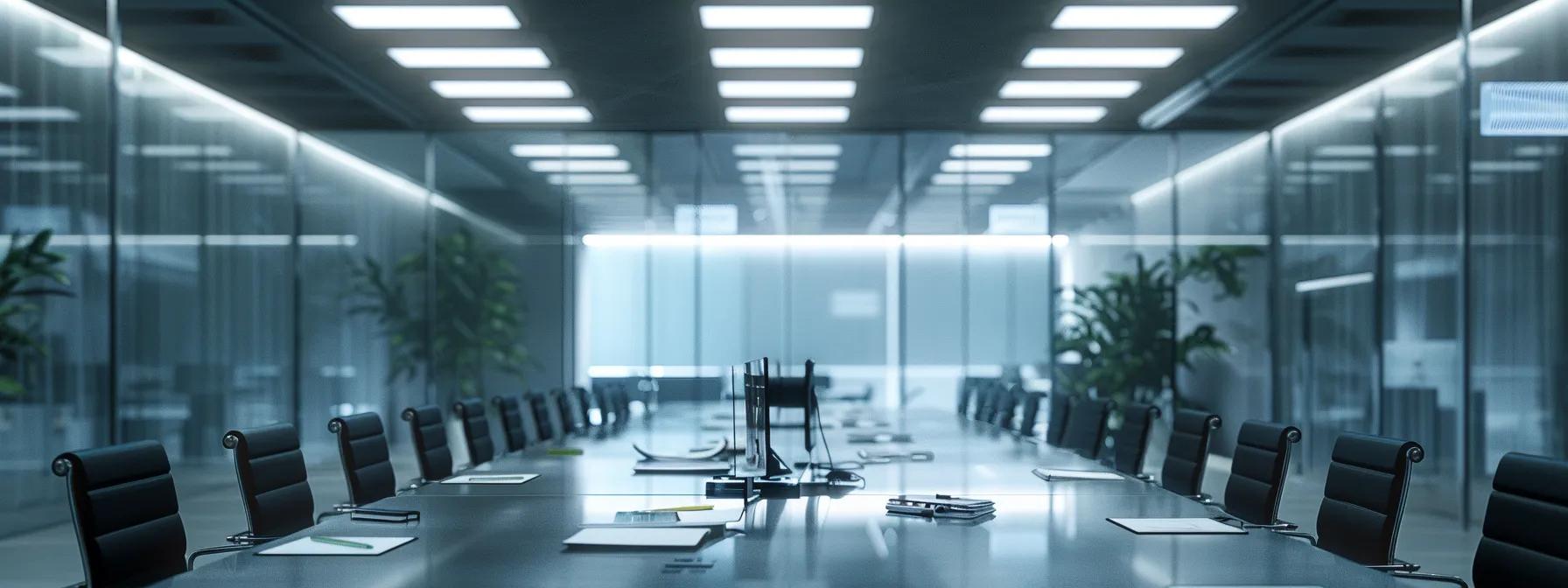 a sleek, modern office with a large conference table set with high-tech devices and patent documents scattered across, illuminated by bright overhead lights, emphasizing the importance of precise technical translations in a professional engineering discussion.