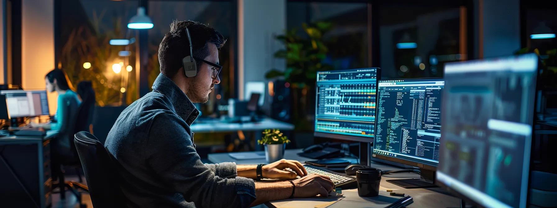 a focused office scene contrasts a sleek computer displaying ai translation software against a seasoned human translator reviewing complex text, highlighting the synergy between technology and human expertise in understanding nuanced language.