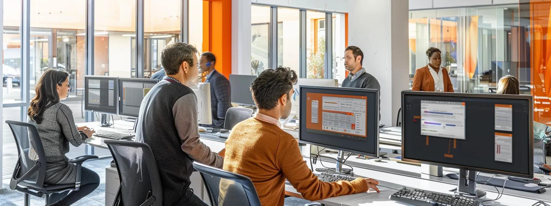 a dynamic office setting showcases a collaborative environment where a diverse group of professionals analyzes ai-generated translation results on sleek monitors, emphasizing the blend of technology and human expertise in modern translation services.