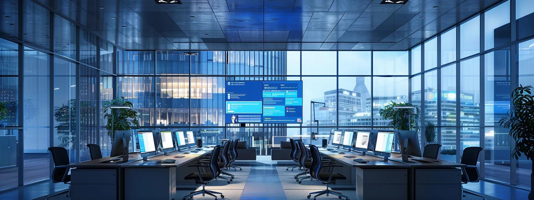 a sleek, modern office workspace filled with high-tech devices displays vibrant screens translating multiple languages in real time, encapsulating the dynamic evolution of ai translation services.