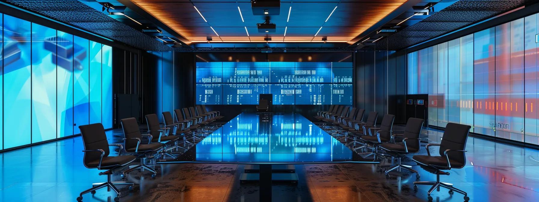 a sleek, modern office conference room featuring an immersive digital display showcasing a vibrant comparison chart of ai and human translation capabilities, illuminated by dynamic overhead lighting that highlights the intensity of the debate on the future of business communication.