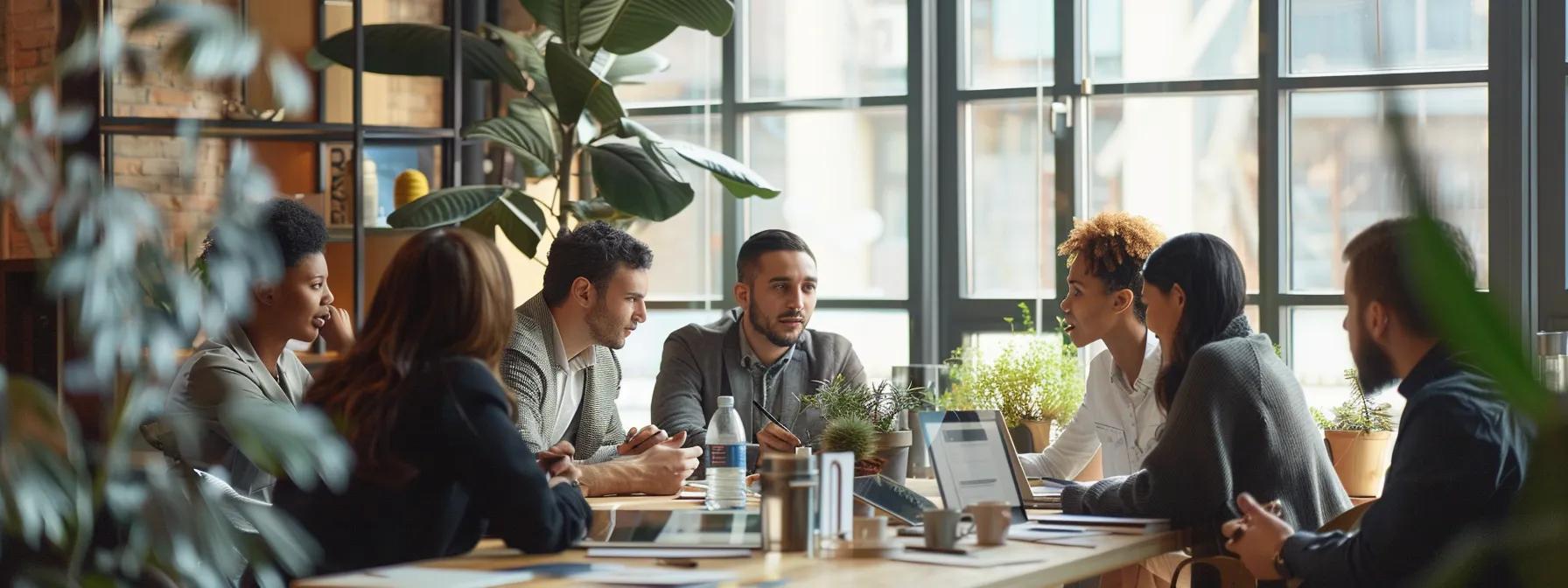 a focused office setting features a diverse group of professionals engaged in a collaborative meeting, surrounded by translation materials and technology, emphasizing the importance of human translation for nuanced and culturally sensitive communication.