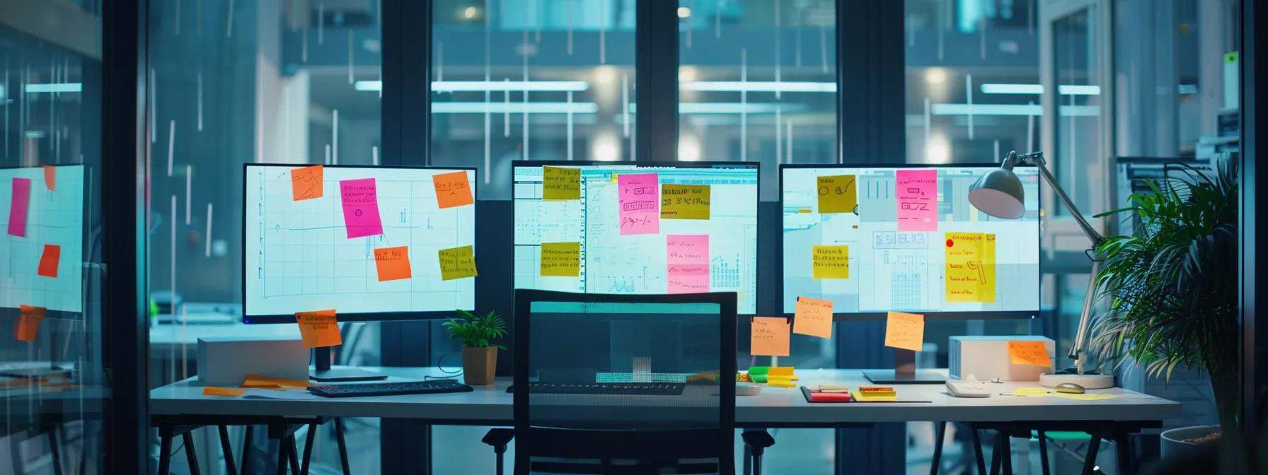 a sleek, modern office setting with dual computer screens displaying vibrant translation interface software, highlighting the contrast between fast, efficient data processing and complex, nuanced cultural elements on sticky notes scattered across the desk.