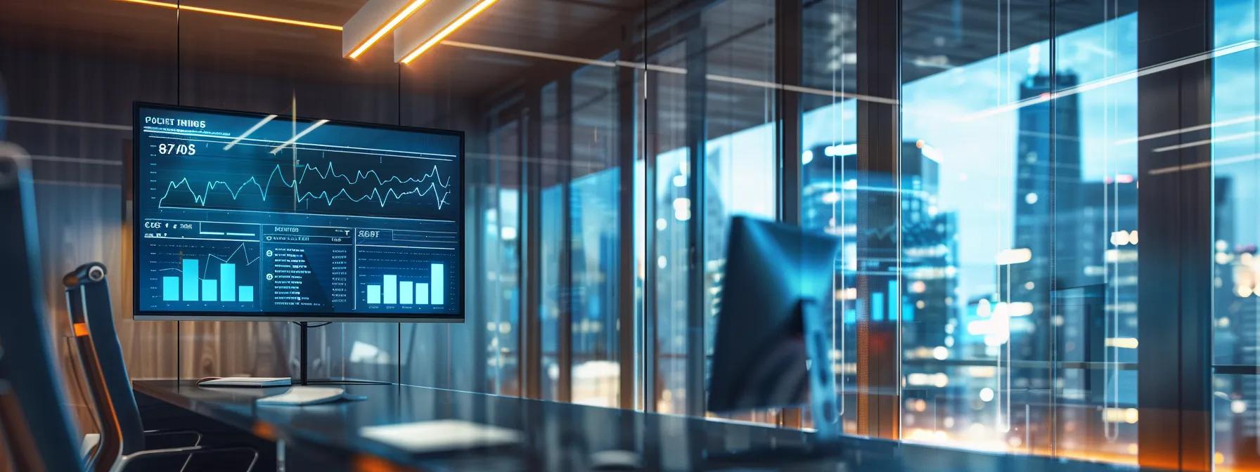 a sleek, modern office workspace features a large digital screen displaying a visually engaging comparative table highlighting the attributes, benefits, and challenges of ai, human, and hybrid translation methods, illuminated by dynamic overhead lights.